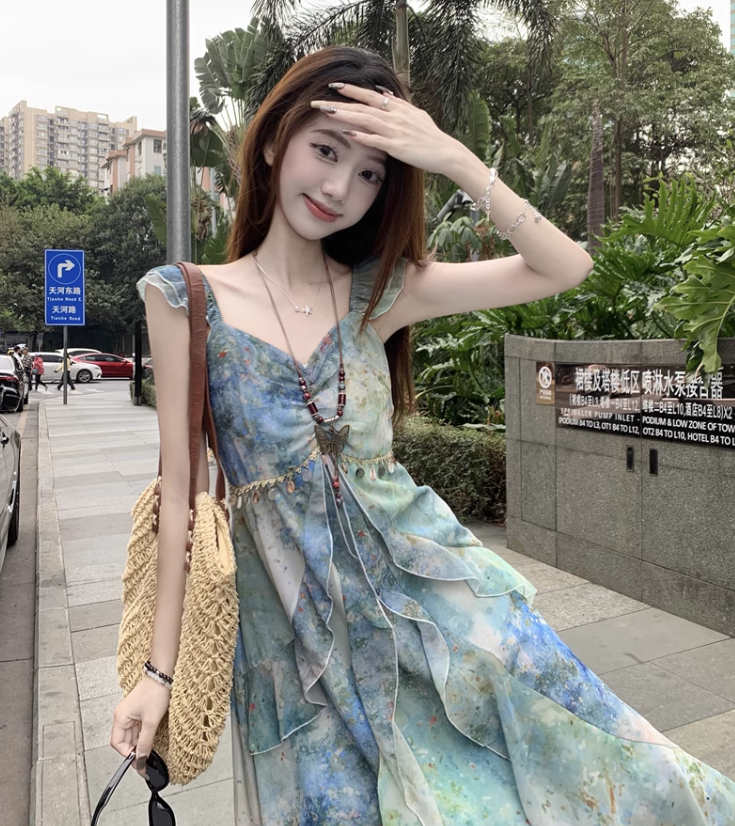 New Fashion Irregular Ruffled Dress Hem Design Beach Holiday A-line Sleeveless Floral Dress TP3320