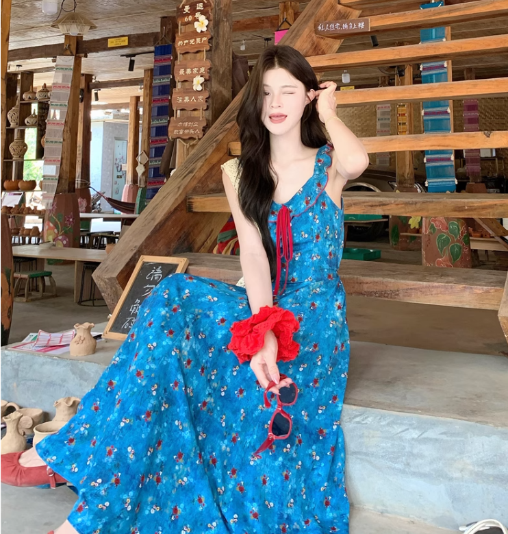 New Fashion Blue Floral Design A-line Square Collar Beach Holiday Sleeveless Dress TP3322