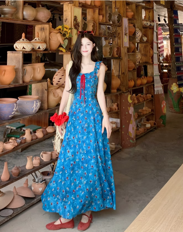 New Fashion Blue Floral Design A-line Square Collar Beach Holiday Sleeveless Dress TP3322