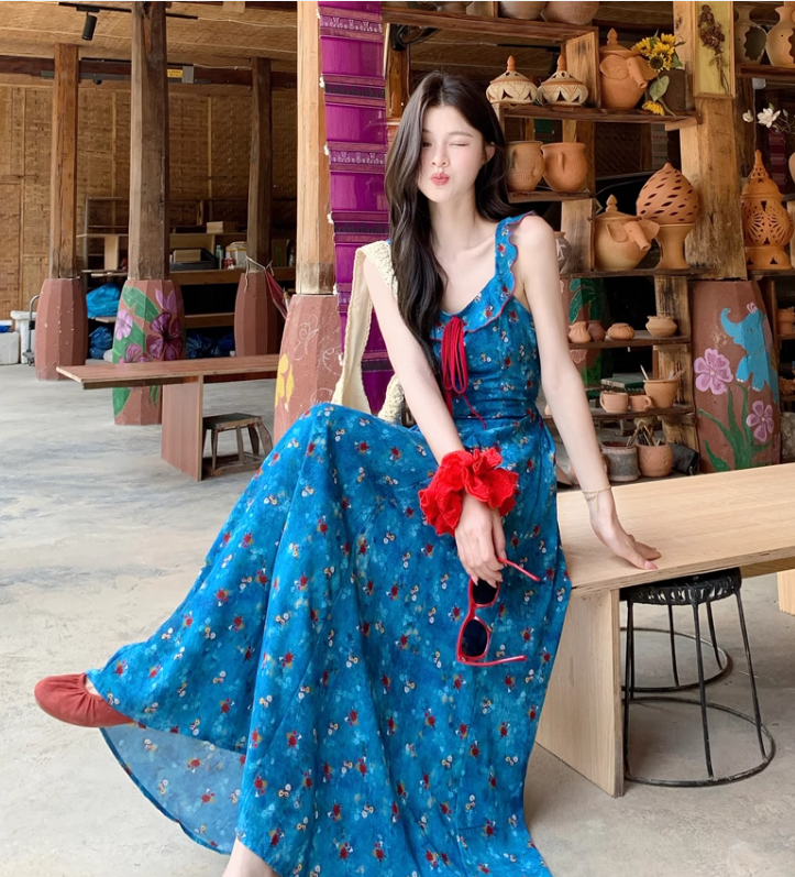 New Fashion Blue Floral Design A-line Square Collar Beach Holiday Sleeveless Dress TP3322