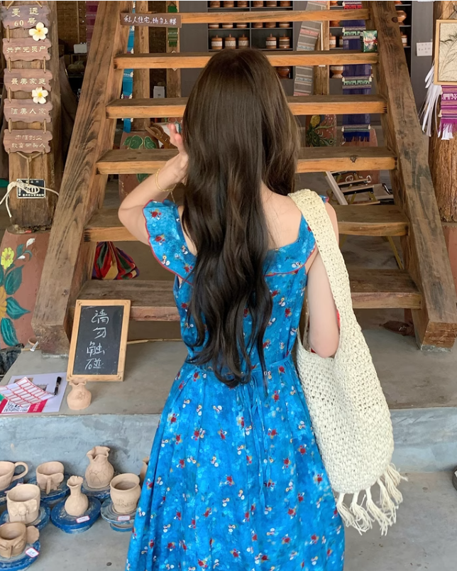 New Fashion Blue Floral Design A-line Square Collar Beach Holiday Sleeveless Dress TP3322