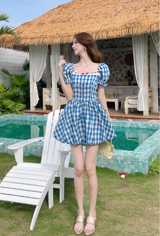 New Fashion Blue Plaid Design A-line Square Collar Short Sleeves Dress TP3324
