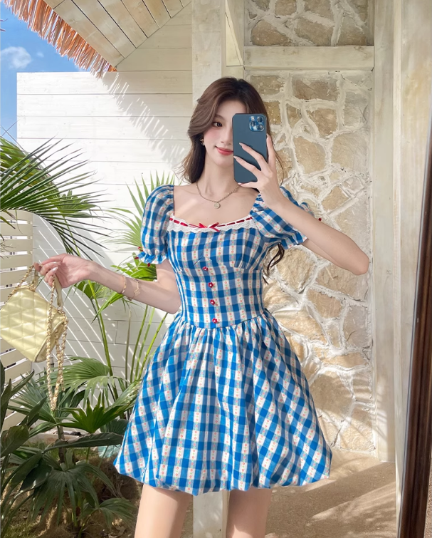 New Fashion Blue Plaid Design A-line Square Collar Short Sleeves Dress TP3324