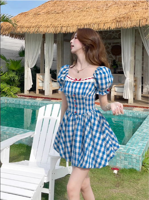 New Fashion Blue Plaid Design A-line Square Collar Short Sleeves Dress TP3324
