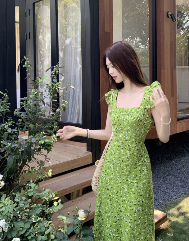 New Fashion Green Floral Design A-line Beach Holiday Long Sleeveless Dress TP3326