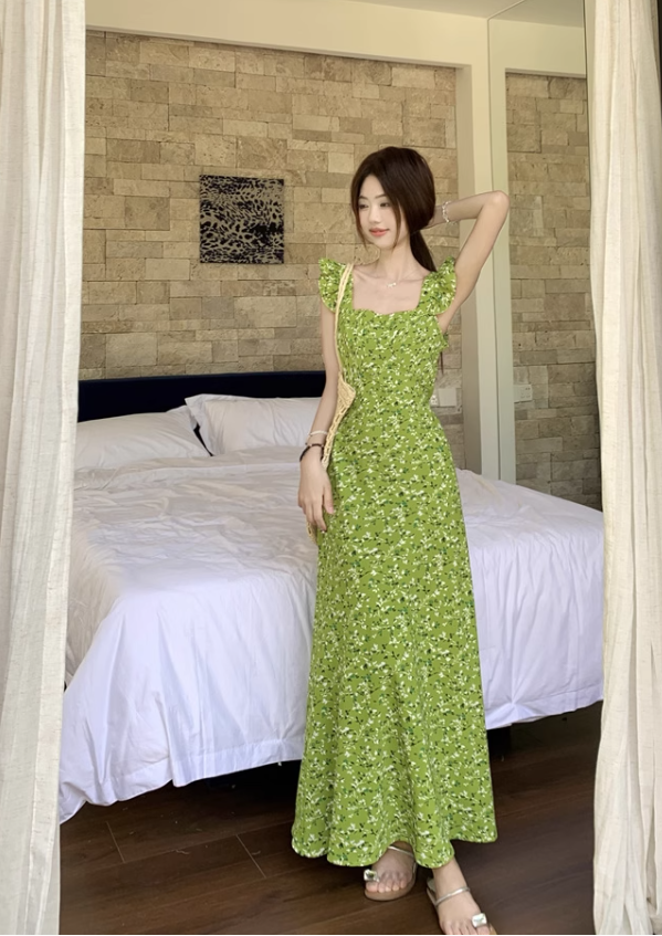 New Fashion Green Floral Design A-line Beach Holiday Long Sleeveless Dress TP3326