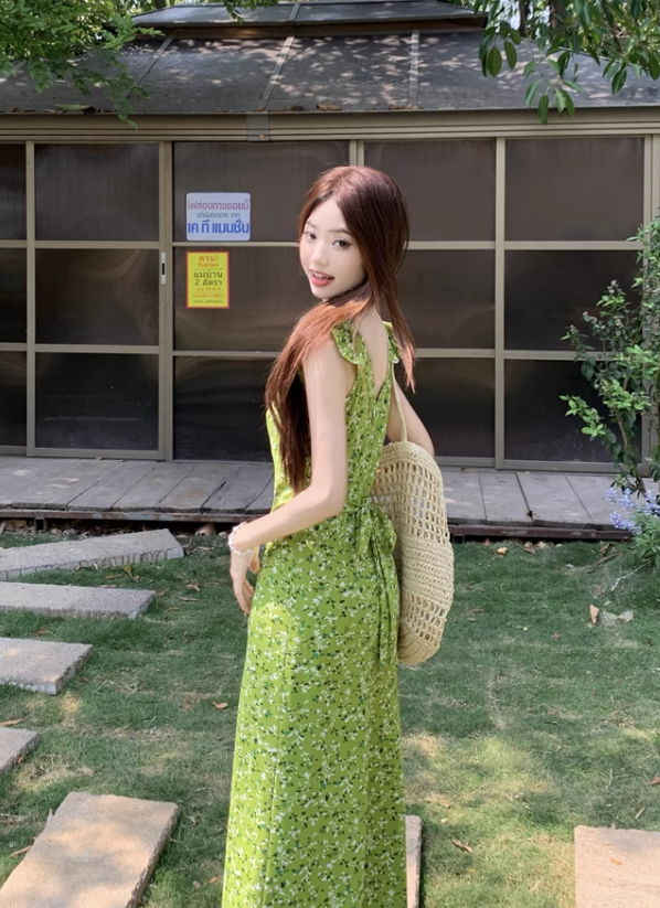 New Fashion Green Floral Design A-line Beach Holiday Long Sleeveless Dress TP3326