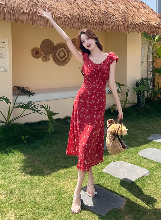 Simple Fashion Red Floral Design A-line Long High-waisted Dress TP3330