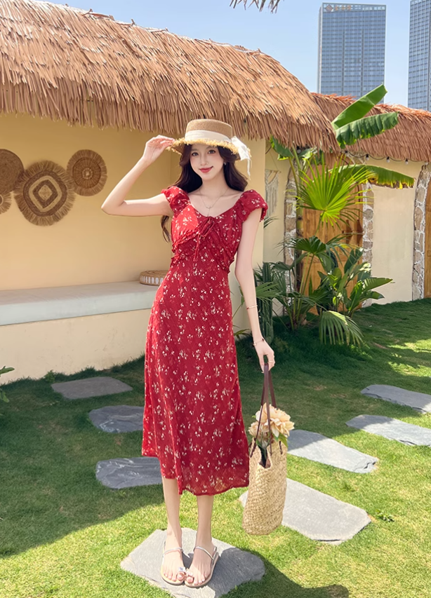 Simple Fashion Red Floral Design A-line Long High-waisted Dress TP3330