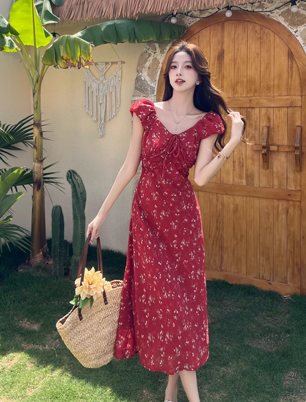 Simple Fashion Red Floral Design A-line Long High-waisted Dress TP3330
