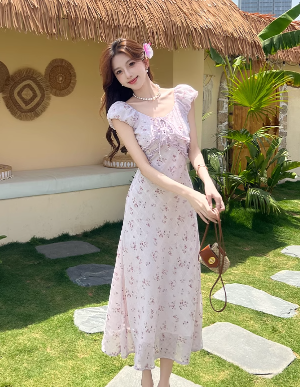Simple Fashion Red Floral Design A-line Long High-waisted Dress TP3330