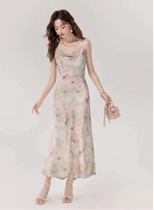 Vintage Fashion Floral Print Design A-line Long Spaghetti Strap Dress TP3333