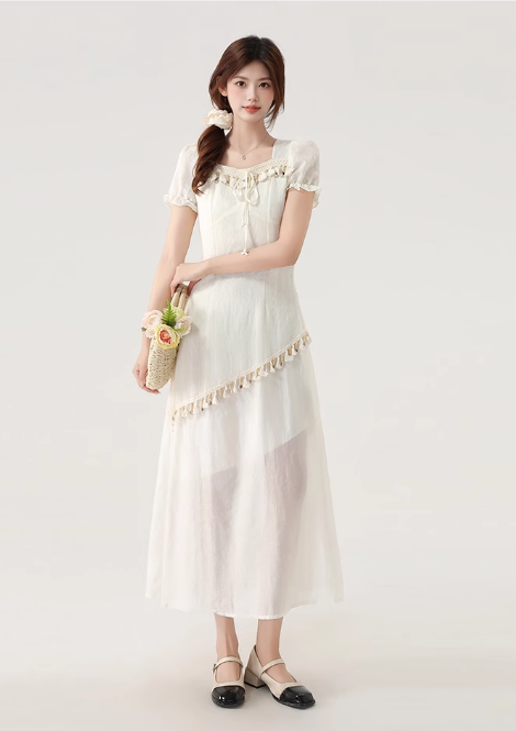 New Fashion Apricot Irregular Fringed Dress Hem Design A-line Square Collar Short-sleeved Dress TP3337