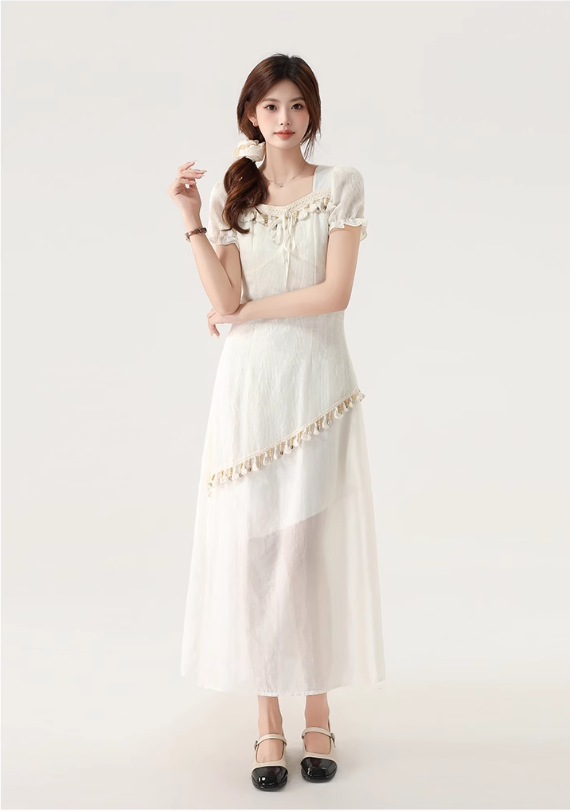 New Fashion Apricot Irregular Fringed Dress Hem Design A-line Square Collar Short-sleeved Dress TP3337