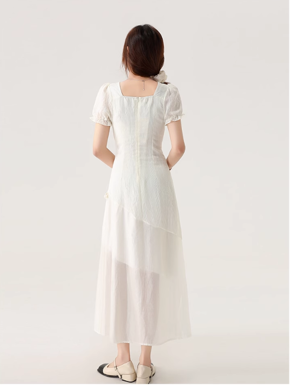 New Fashion Apricot Irregular Fringed Dress Hem Design A-line Square Collar Short-sleeved Dress TP3337