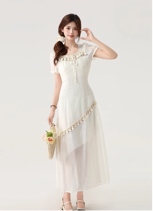 New Fashion Apricot Irregular Fringed Dress Hem Design A-line Square Collar Short-sleeved Dress TP3337