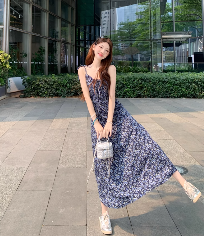 Vintage Fashion Navy Blue Floral Design A-line Long Spaghetti Strap Dress TP3338