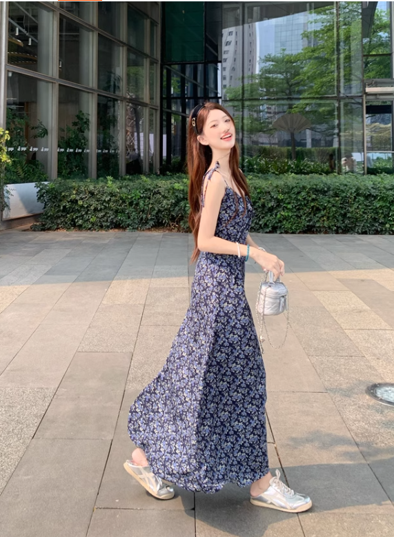 Vintage Fashion Navy Blue Floral Design A-line Long Spaghetti Strap Dress TP3338