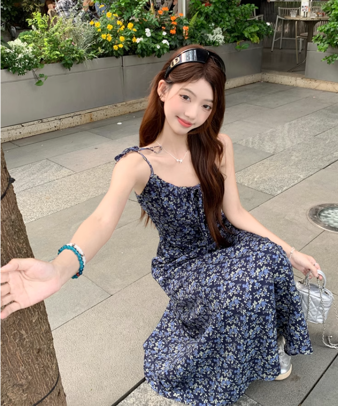 Vintage Fashion Navy Blue Floral Design A-line Long Spaghetti Strap Dress TP3338