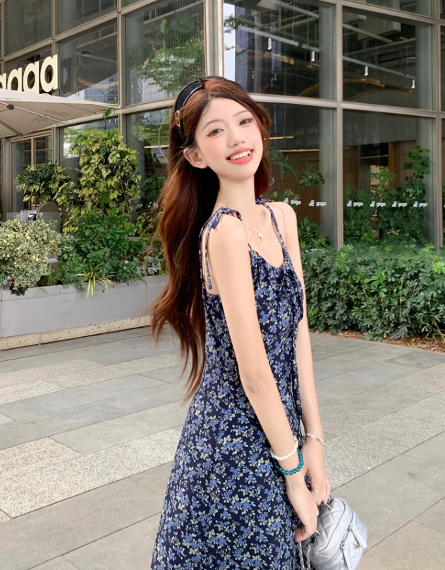 Vintage Fashion Navy Blue Floral Design A-line Long Spaghetti Strap Dress TP3338