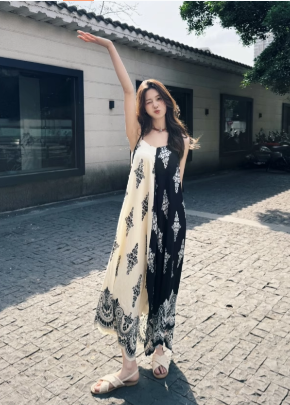 Vintage Fashion Color-matching Split Dress Design A-line Long Spaghetti Strap Floral Dress TP3339