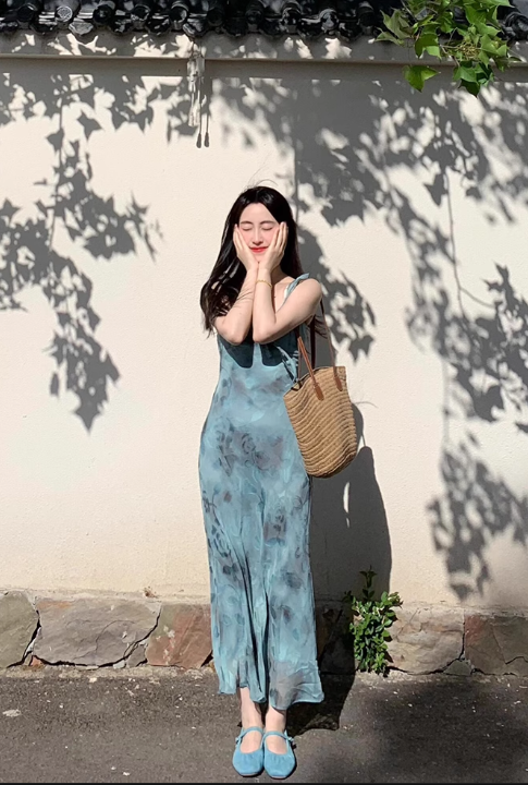 New Fashion Blue Floral Print Design Beach Holiday Long A-line Dress TP3341