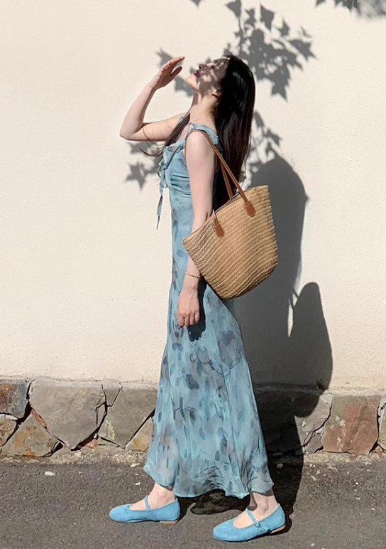 New Fashion Blue Floral Print Design Beach Holiday Long A-line Dress TP3341