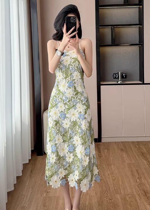New Fashion Green Floral Embroidery Design Midi A-line Spaghetti Strap Dress TP3343