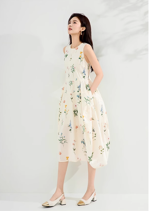 Simple Fashion Apricot Sleeveless Design A-line Midi Floral Dress TP3346
