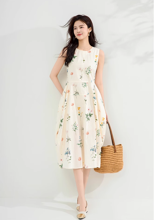 Simple Fashion Apricot Sleeveless Design A-line Midi Floral Dress TP3346