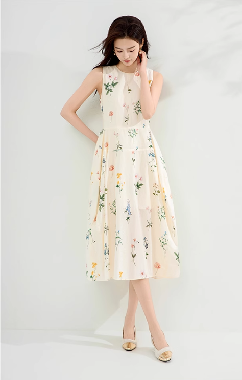 Simple Fashion Apricot Sleeveless Design A-line Midi Floral Dress TP3346