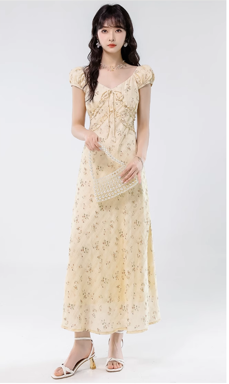 Simple Fashion Floral Design Sweet A-line V-neck Short-sleeved Dress TP3347