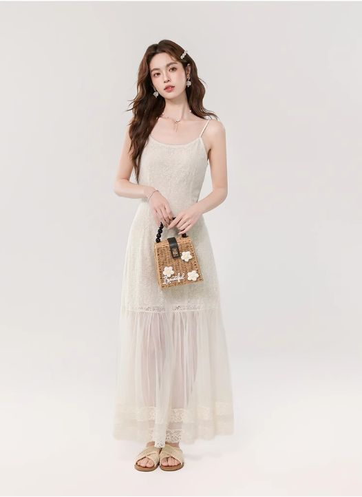 Vintage Fashion Apricot Mesh Design A-line Beach Holiday Spaghetti Strap Dress TP3348
