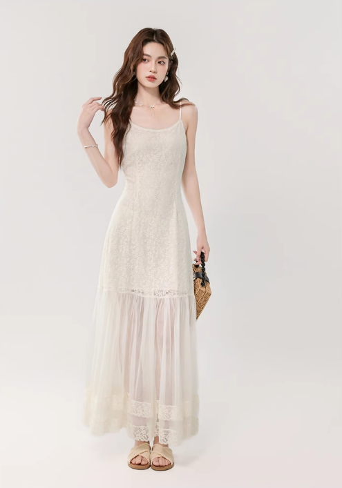 Vintage Fashion Apricot Mesh Design A-line Beach Holiday Spaghetti Strap Dress TP3348