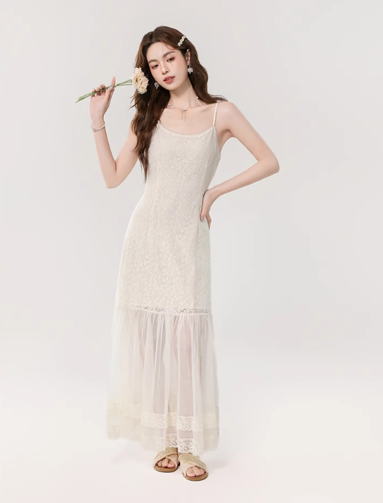 Vintage Fashion Apricot Mesh Design A-line Beach Holiday Spaghetti Strap Dress TP3348