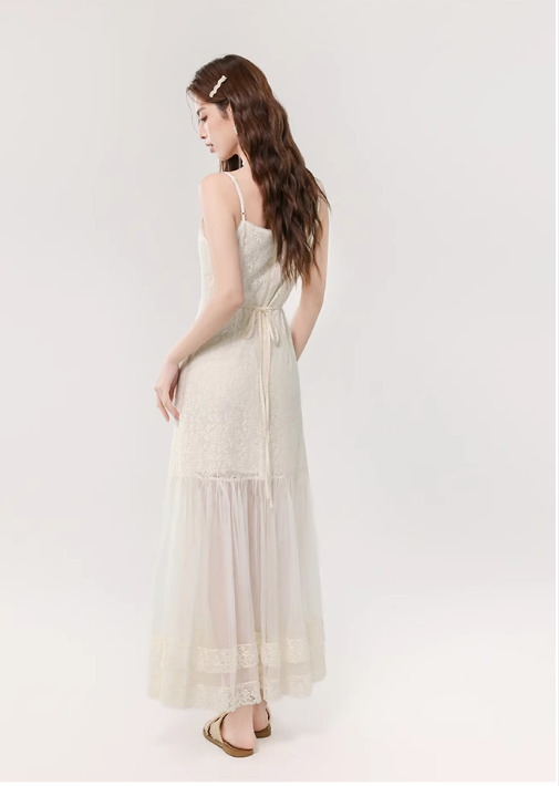 Vintage Fashion Apricot Mesh Design A-line Beach Holiday Spaghetti Strap Dress TP3348