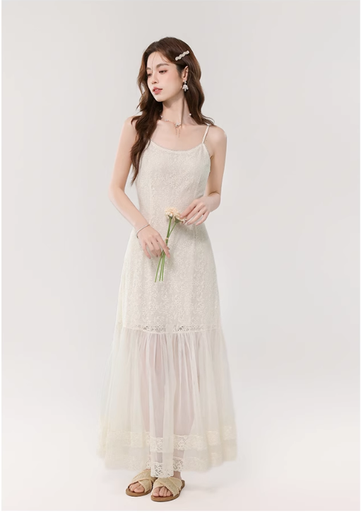 Vintage Fashion Apricot Mesh Design A-line Beach Holiday Spaghetti Strap Dress TP3348