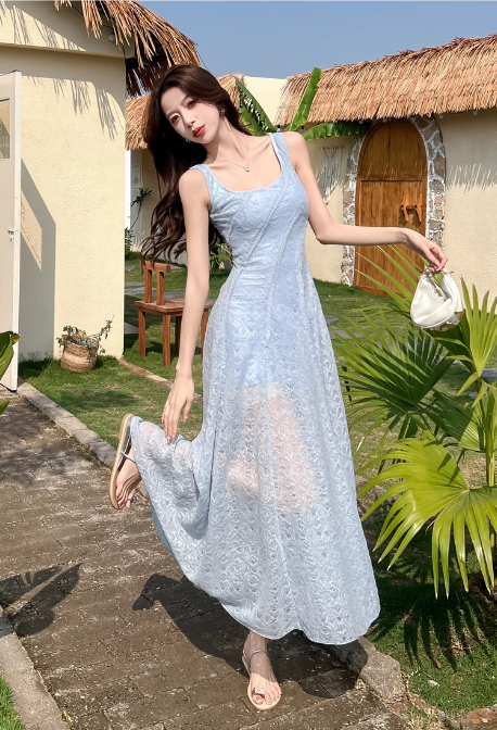New Fashion Light Blue Mesh Lace Design A-line Beach Holiday Sleeveless Vest Dress TP3350