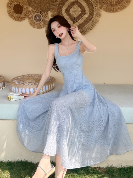 New Fashion Light Blue Mesh Lace Design A-line Beach Holiday Sleeveless Vest Dress TP3350