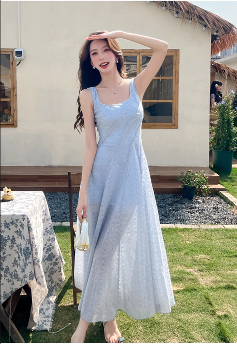 New Fashion Light Blue Mesh Lace Design A-line Beach Holiday Sleeveless Vest Dress TP3350