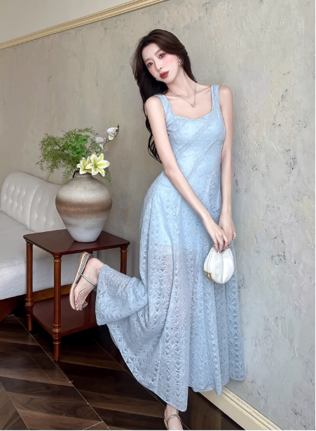 New Fashion Light Blue Mesh Lace Design A-line Beach Holiday Sleeveless Vest Dress TP3350