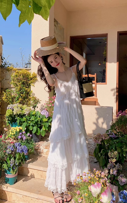 New Fashion White Tiered Dress Design A-line Beach Holiday Spaghetti Strap Dress TP3351