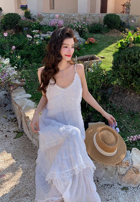 New Fashion White Tiered Dress Design A-line Beach Holiday Spaghetti Strap Dress TP3351