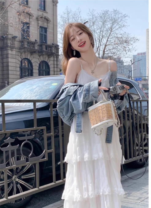 New Fashion White Tiered Dress Design A-line Beach Holiday Spaghetti Strap Dress TP3351