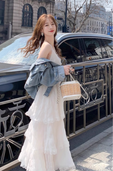 New Fashion White Tiered Dress Design A-line Beach Holiday Spaghetti Strap Dress TP3351