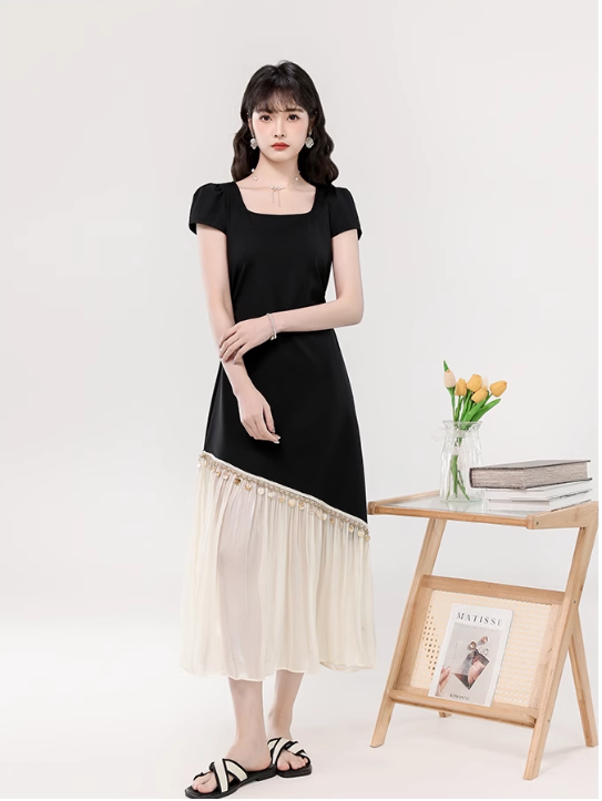Vintage Fashion Black Irregular Design Elegant A-line Square Collar Short- sleeved Dress TP3352