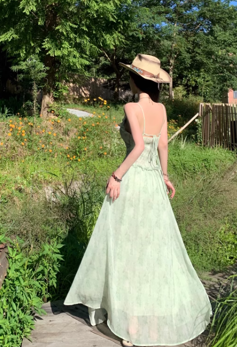 Vintage Fashion Green Irregular Ruffled Hem Design Elegant A-line Spaghetti Strap Dress TP3353