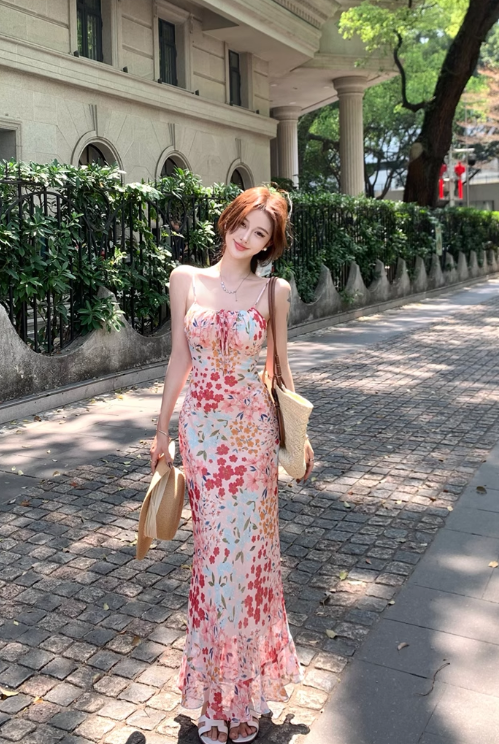 Vintage Fashion Floral Design Elegant Mermaid A-line Spaghetti Strap Dress TP3355