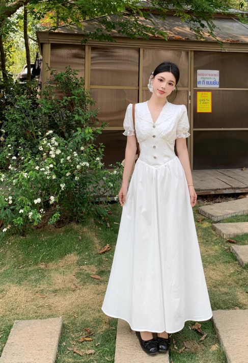 Simple Fashion White V-neck Design Elegant A-line Short-sleeved Dress TP3356