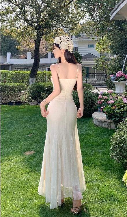 Vintage Fashion Floral Mesh Design Elegant Beach Holiday Mermaid A-line Spaghetti Strap Dress TP3359